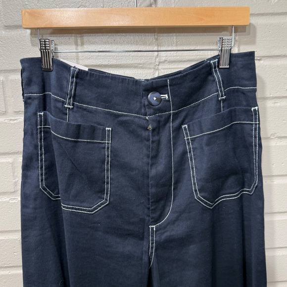 Maeve Colette Wide Leg Linen Blend Pants Crop Contrast Stitch Navy NWT 31 Tall - Picture 7 of 16